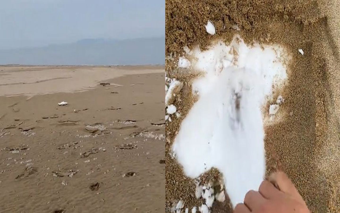 男子蹲一望无际的沙滩挖沙子,下面竟出现一层雪,猛抓一把太神奇
