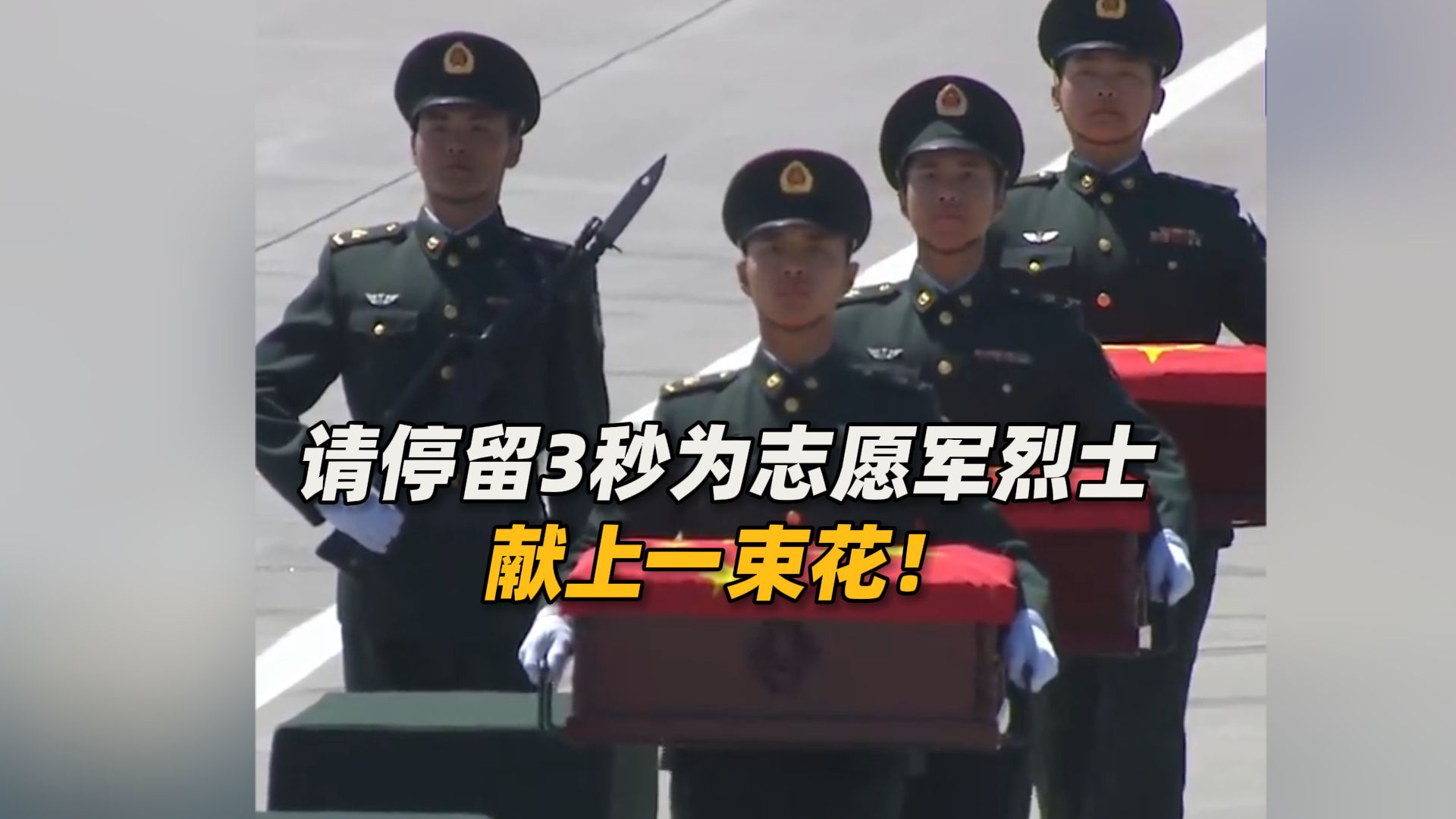 请停留3秒为志愿军烈士献上一束花！12位在韩中国人民志愿军烈士遗骸及遗物归国，山河无恙，忠烈回家！