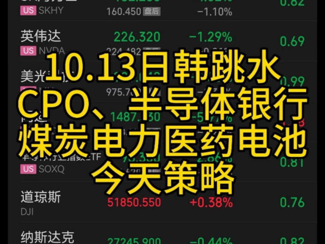 10月13日日韩跳水、CPO、半导体、存储、银行、煤炭、粮食、电力、医药、电池今天策略