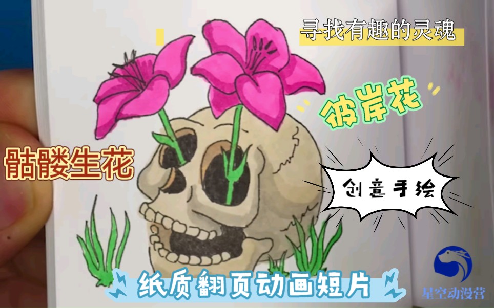 骷髅头生彼岸花创意纸质翻页动画短片原创diy手绘
