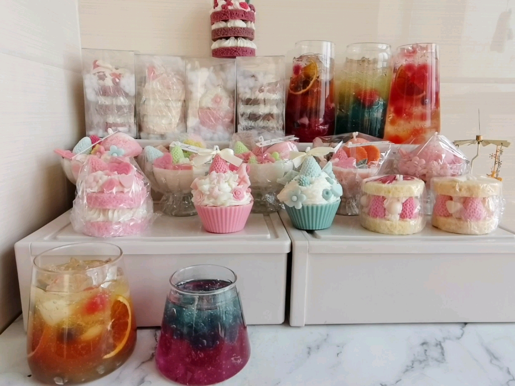 香薰蜡烛,果冻蜡水果气泡,草莓奶油三层小蛋糕蜡烛