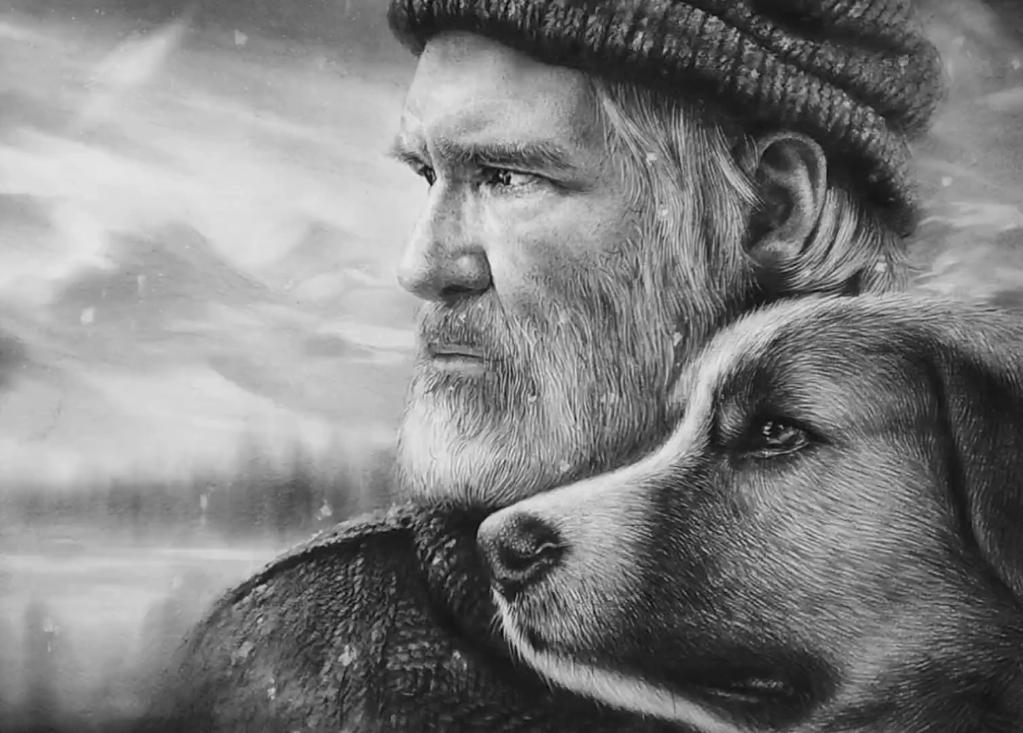 素描人物-老人与狗