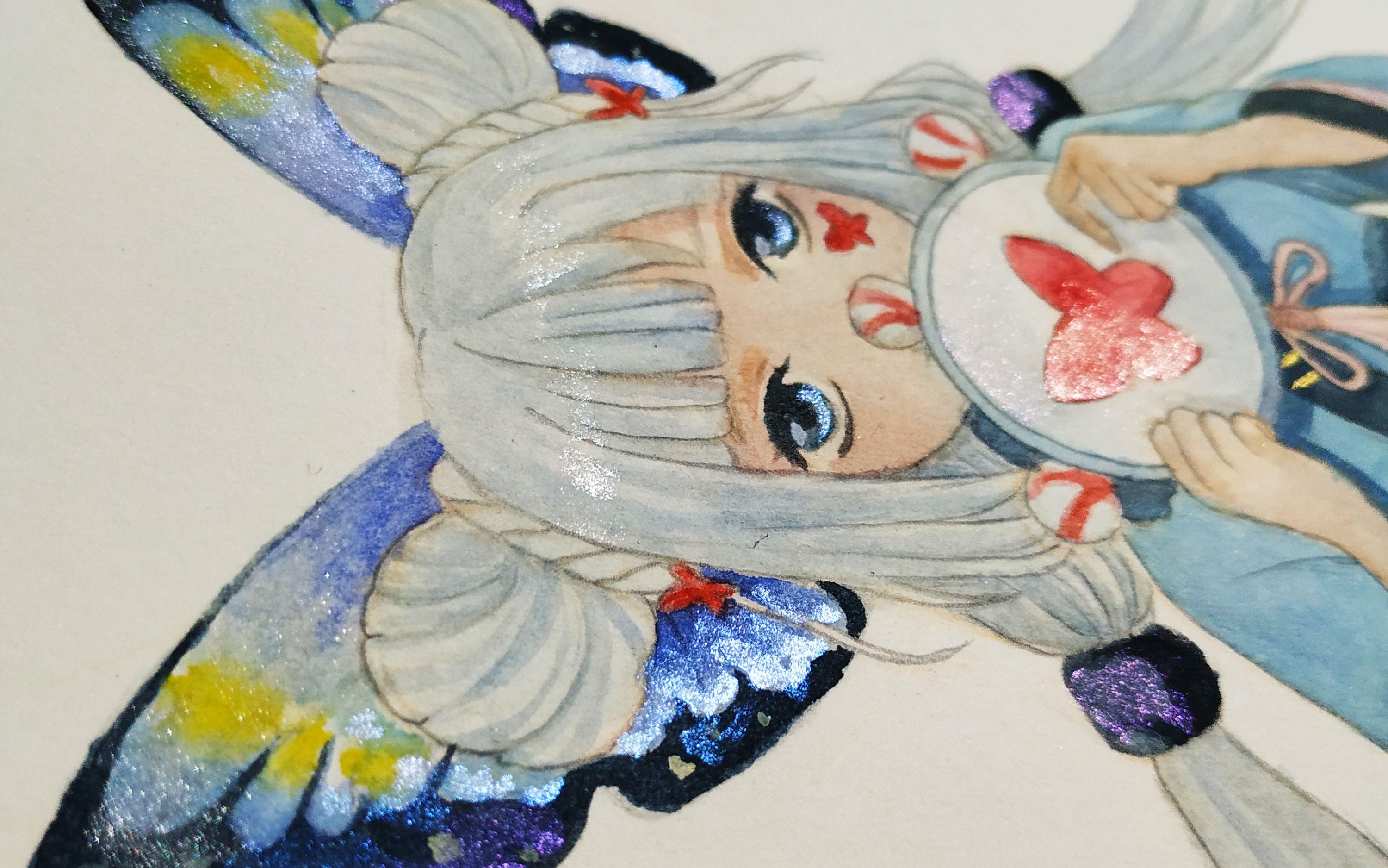 阴阳师蝴蝶精作死用严重脱胶的水彩纸画
