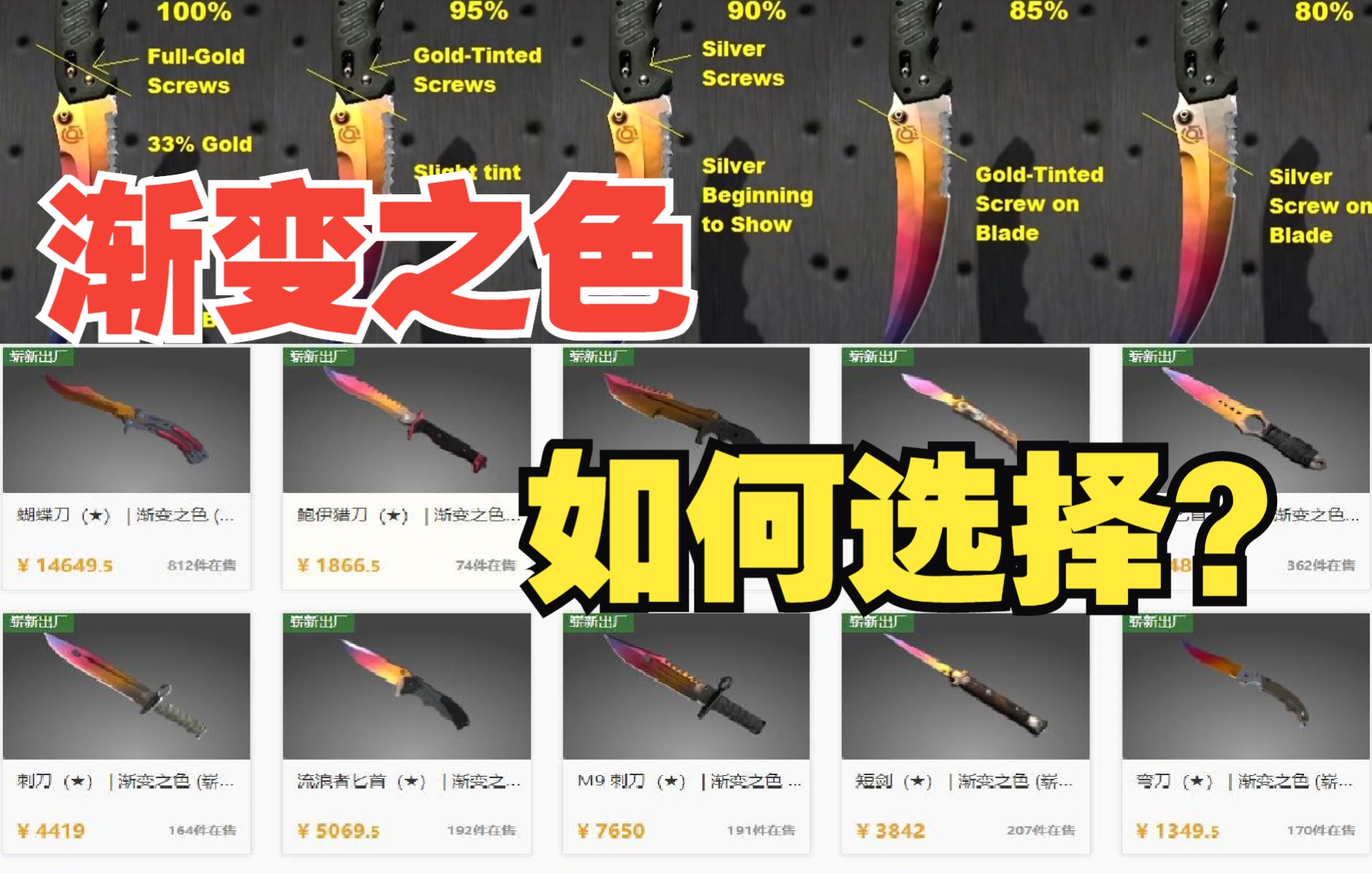 [图]CSGO皮肤教学：渐变之色 刀型如何选择？（渐变比例，爆色渐变，大紫头，芒果色蝴蝶刀）苏哥讲解CSGO皮肤系列