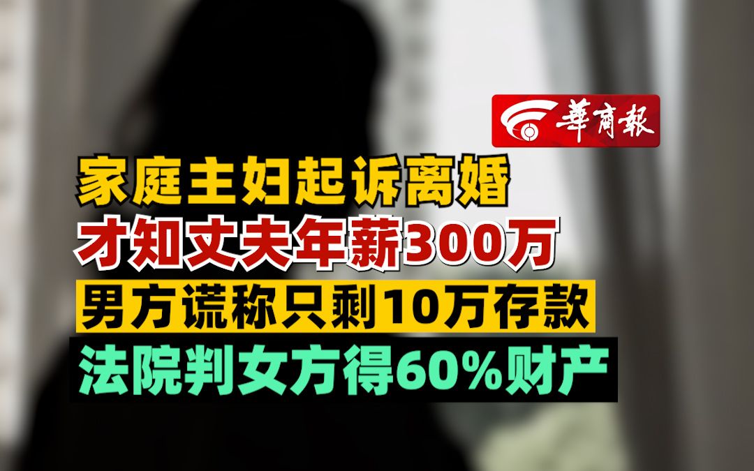 家庭主妇起诉离婚 才知丈夫年薪300万 男方谎称只剩10万存款 法院判女方得60%财产哔哩哔哩bilibili