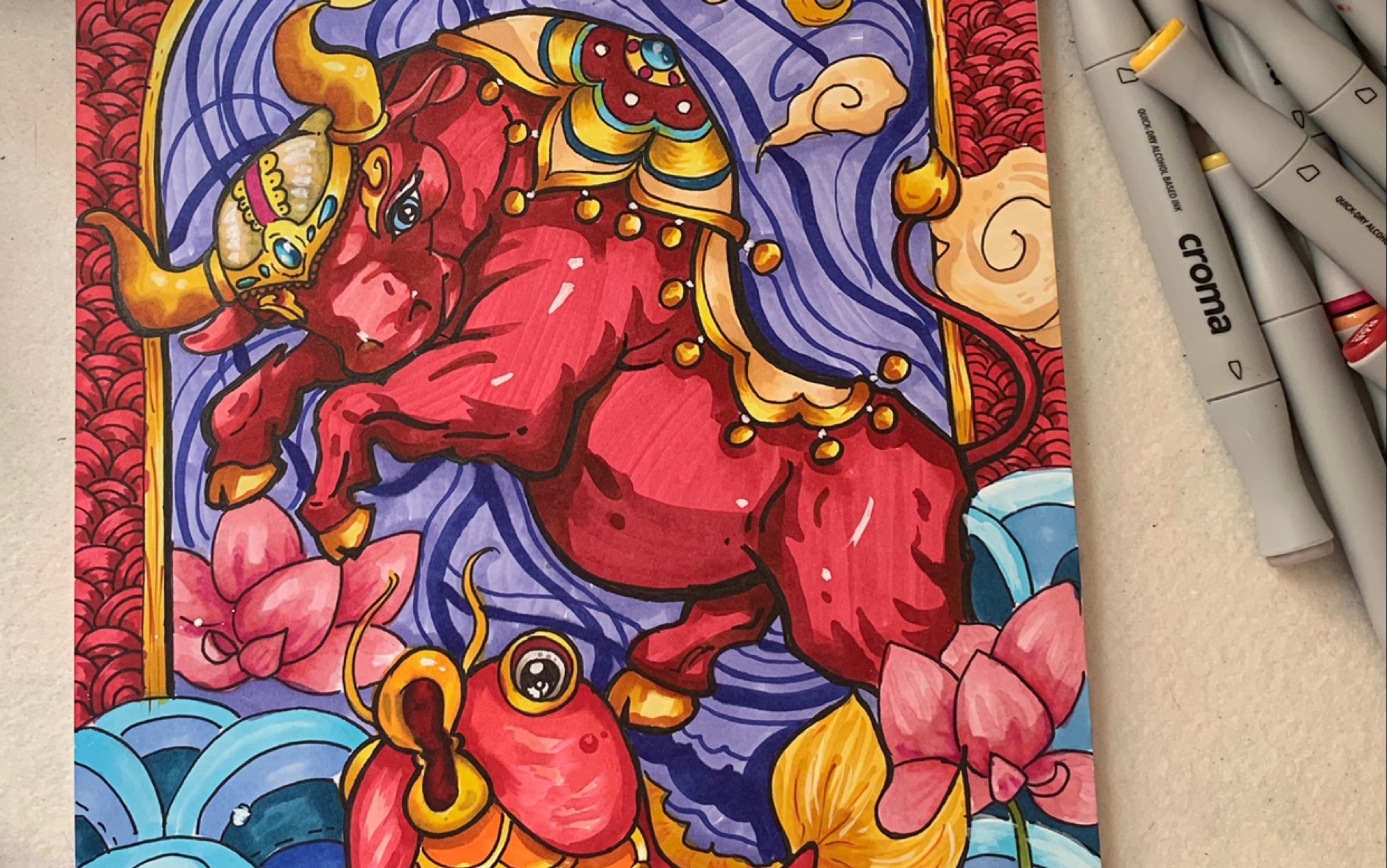 牛年大吉马克笔国潮牛牛图非原创临摹修改