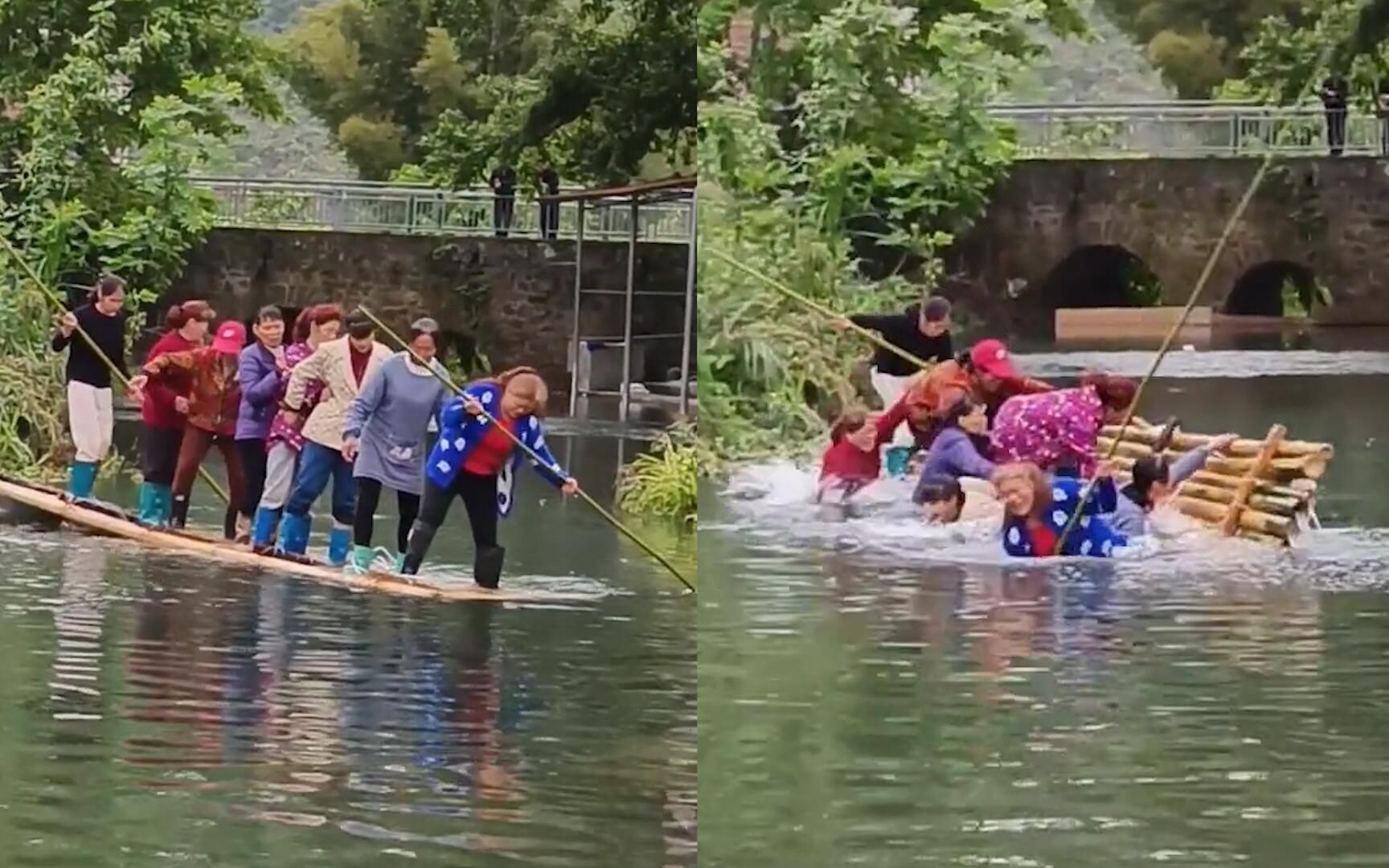 [图]一群大姐站竹排上对山歌，下一秒发生侧翻全员落水：还没唱就输了