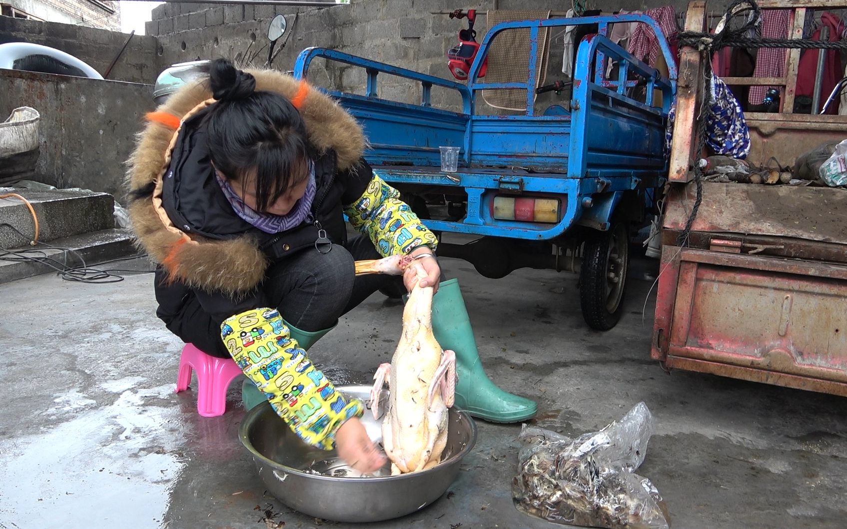 阿雪杀鸭简单粗暴,直接灌一斤白酒,鸭毛比鸡毛还好拔几分钟搞定