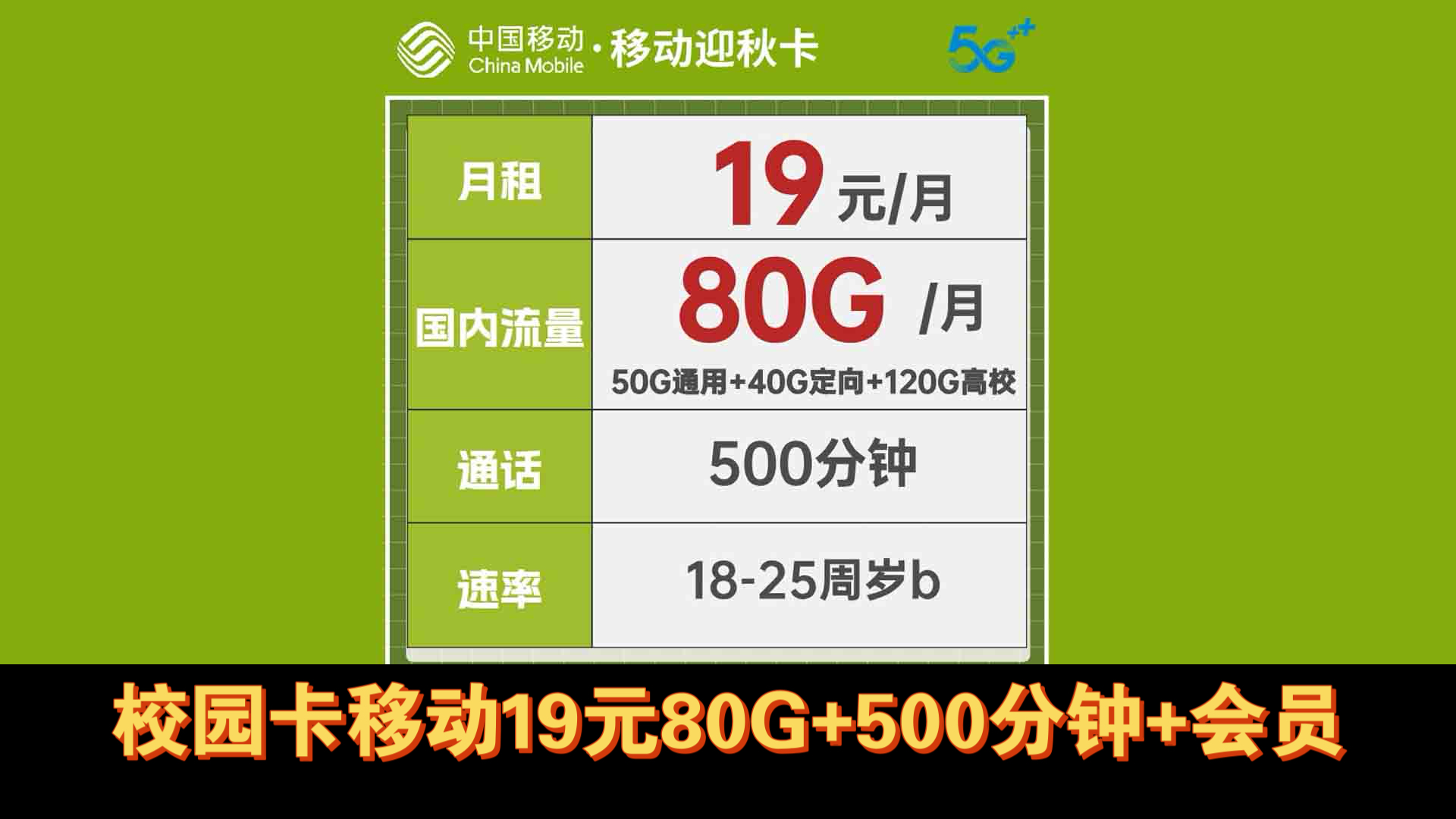 移动四年套餐19元80G流量+500分钟+四年视频会员,浙江校园卡流量卡,自主激活,移动流量卡推荐哔哩哔哩bilibili