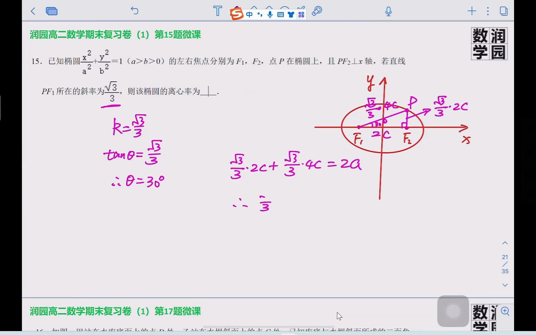 润园高二数学期末复习卷(1)第15题离心率哔哩哔哩bilibili