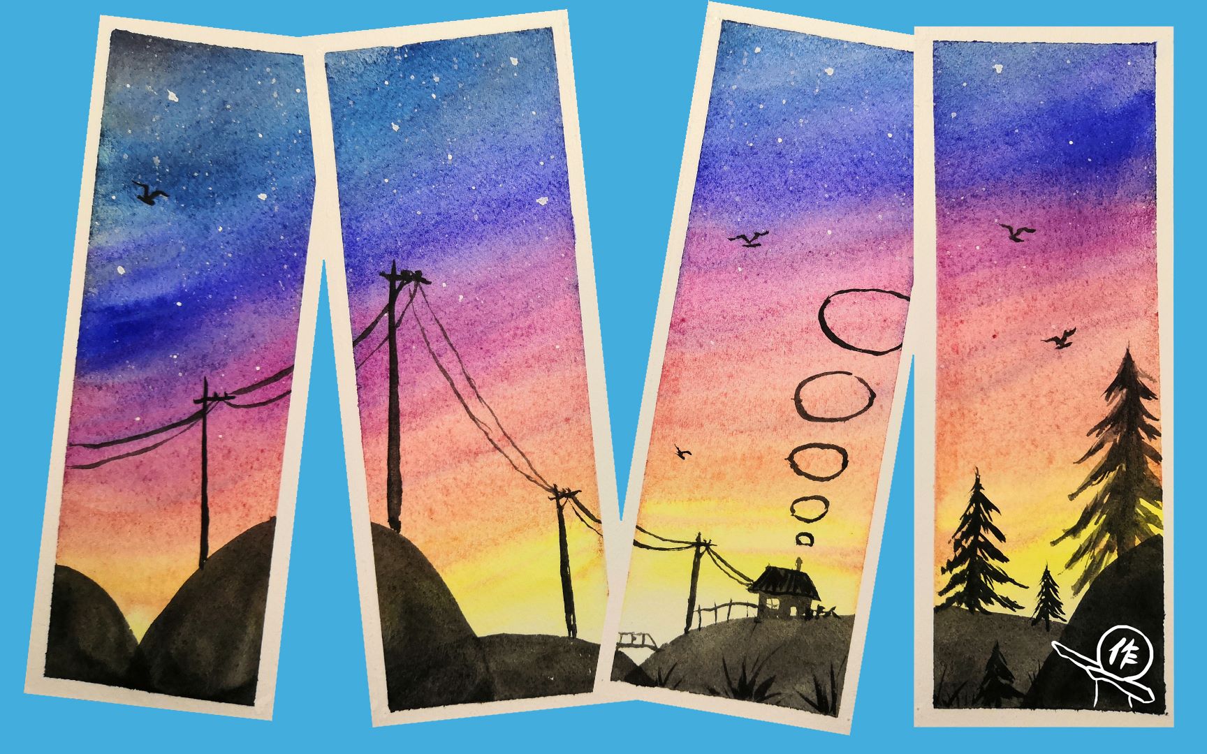 活动作品水彩书签夏天喜欢趴窗边看傍晚的天空