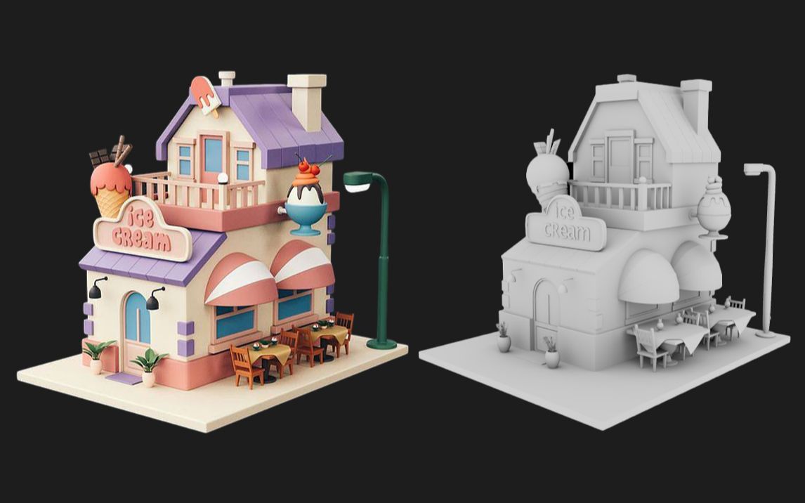 【maya建模】新手小场景建模教程,这样的一个冰淇淋店只要三小时教会
