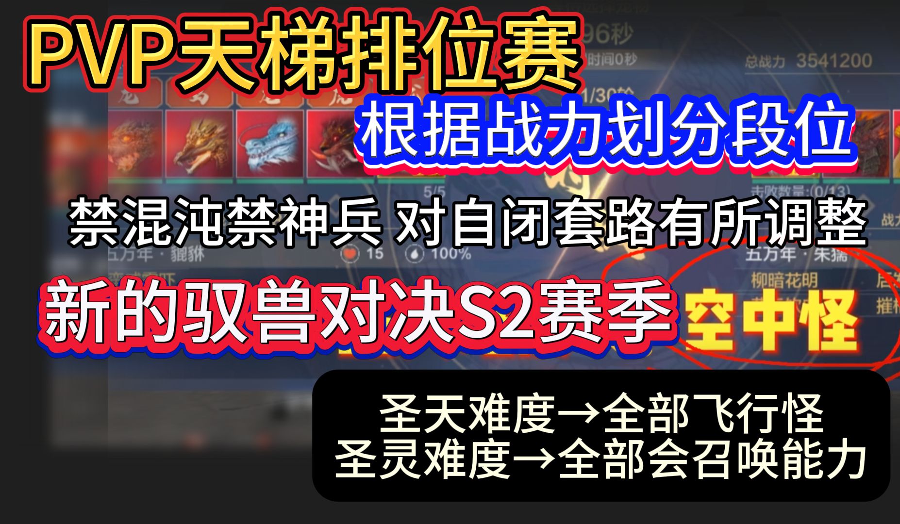 627PVP天梯排位 非公平竞技场 根据战力划分段位 禁神兵禁混沌/新的驭兽对决S2赛季 两个新难度 圣天难度→全部是飞行怪、圣灵难度→全部会召唤能力哔...