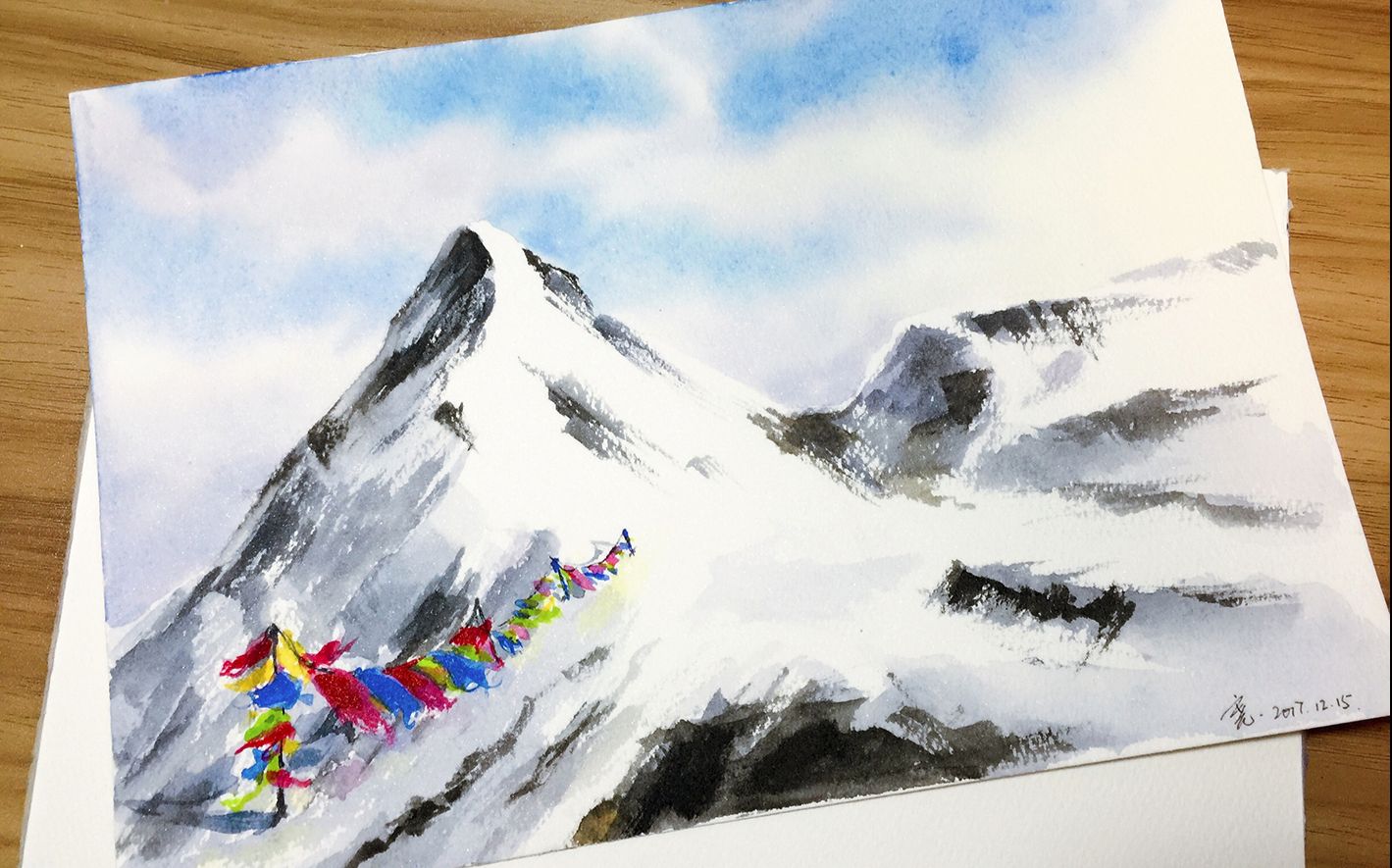 西藏经幡信仰之美水彩画