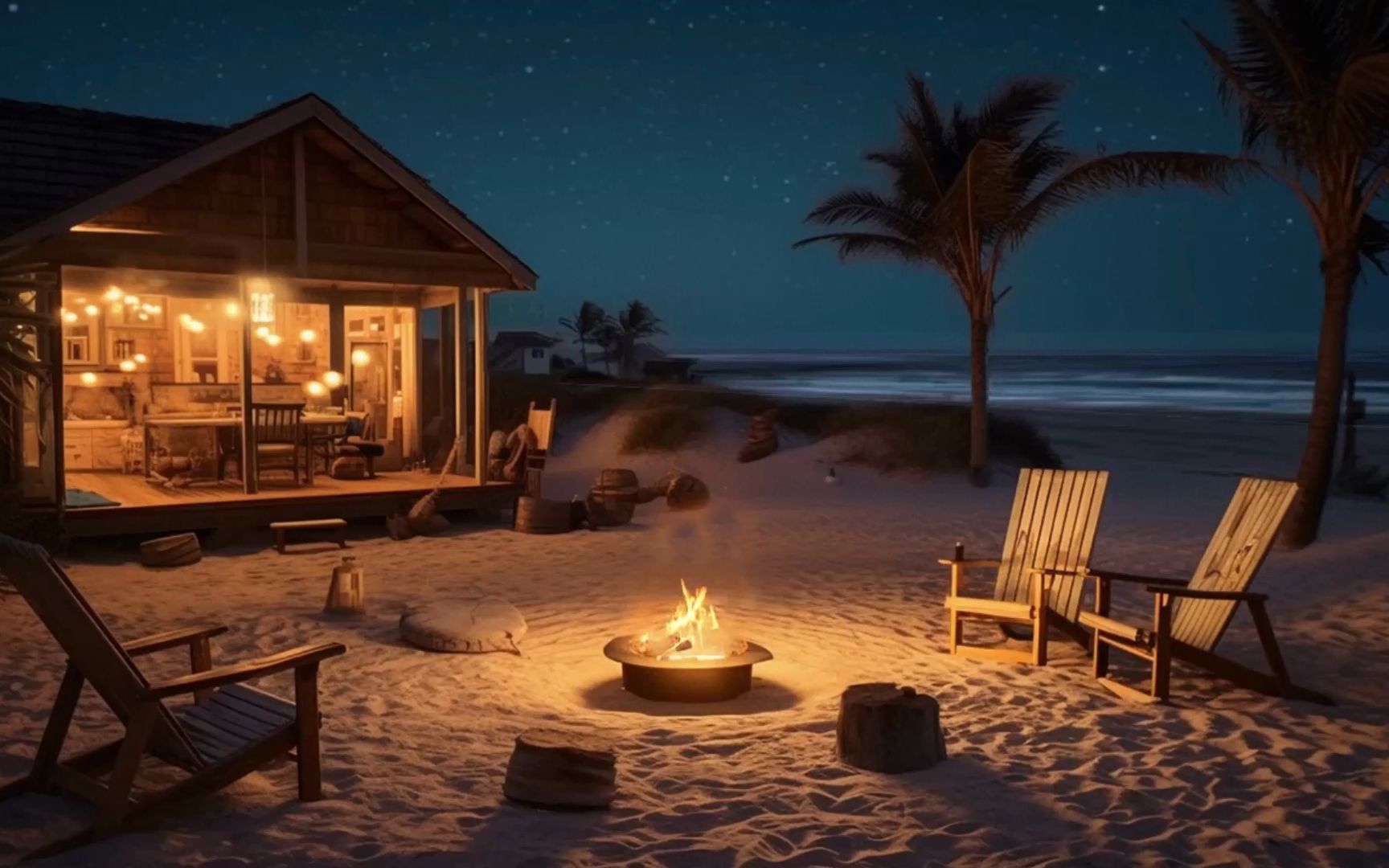 夏日夜晚舒适的海滩小屋,篝火,虫鸣,和远处海浪声,让你放松入睡