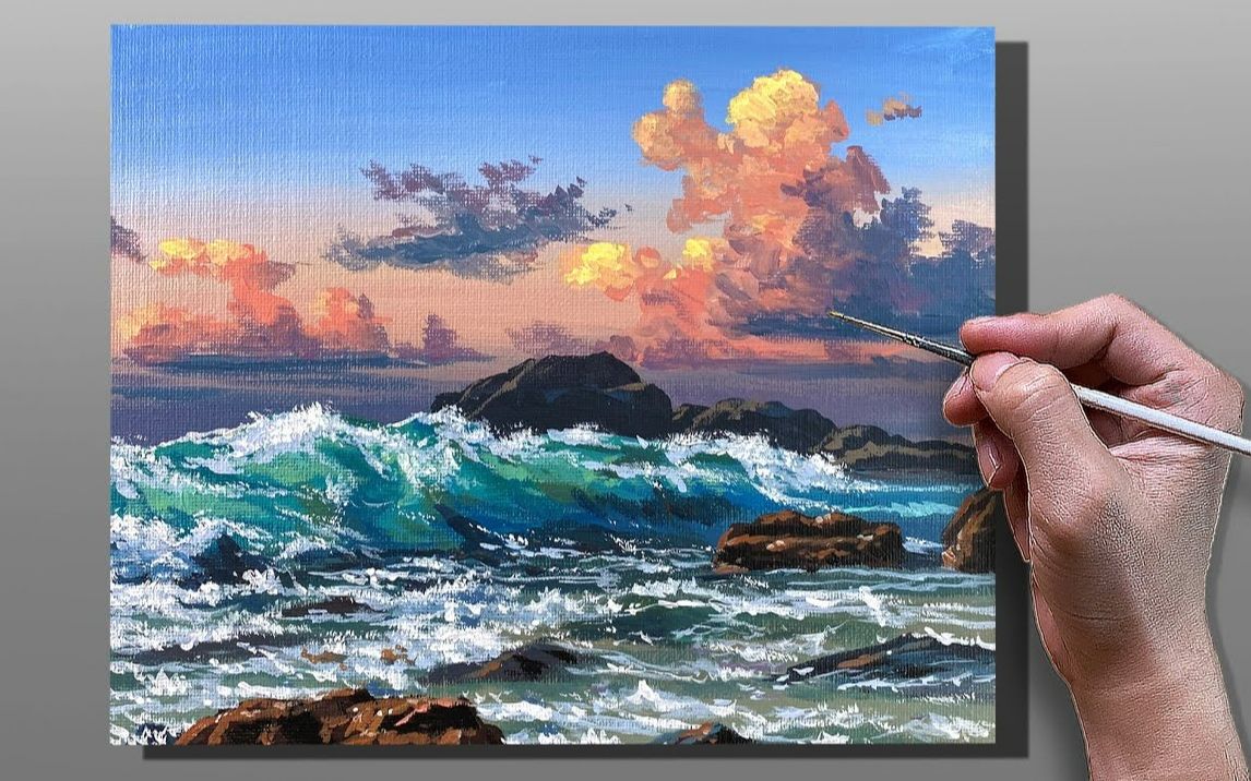 【丙烯画】【绘画教程】日落的海边-how to paint sunset seascape