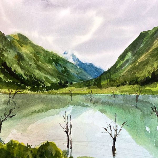 水彩过程《湖中树影》水彩风景绘画过程 哔哩哔哩
