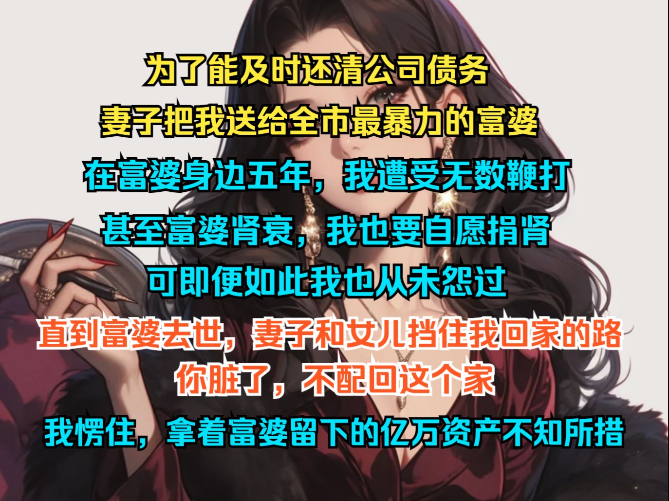 为了还清公司债务,妻子把我送给全市最暴力的富婆,在富婆身边五年,我遭受无数鞭打,可即便如此我也从未怨过,直到富婆去世,妻子和女儿挡住我回...