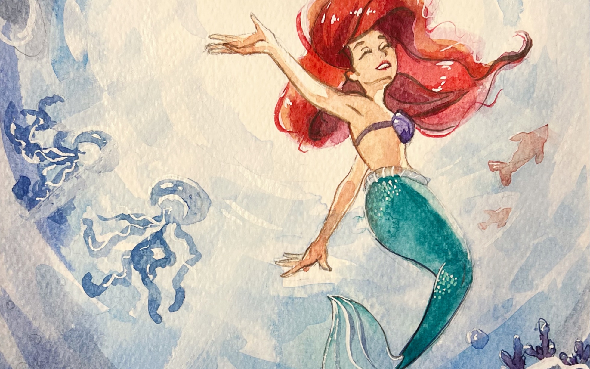 【水彩】畅游在海底的小美人鱼爱丽儿