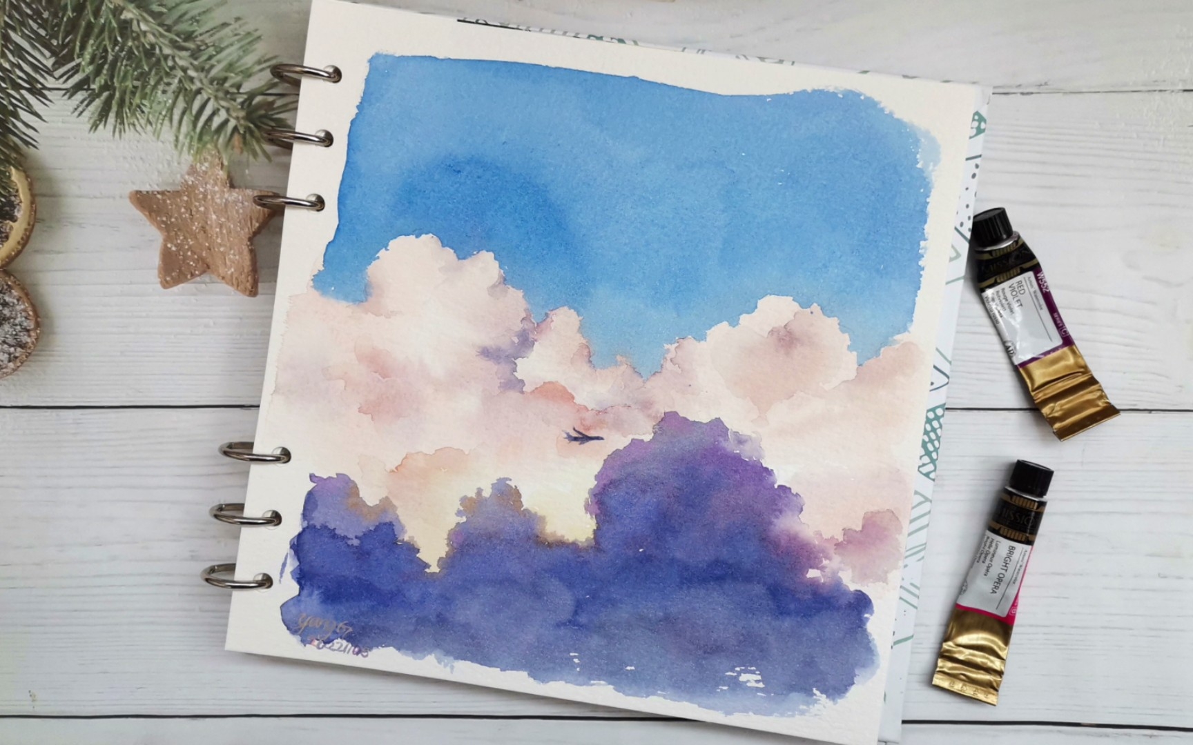 水彩手绘 云间穿行 绘画过程