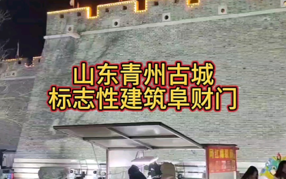 山东青州古城地标性建筑阜财门夜景