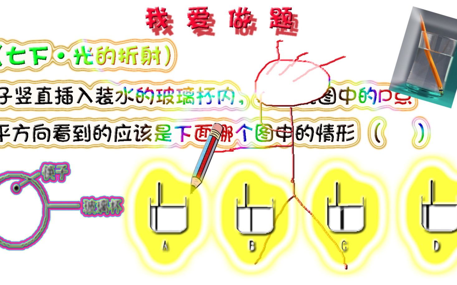 七下ⷥ…‰的折射——将筷子竖直插入装水的玻璃杯内,从俯视图中的P点哔哩哔哩bilibili