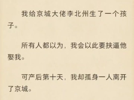 【强推!强制爱|虐恋|霸总|专情的渣男】我给京城大佬李北州生了一个孩子.所有人都以为,我会以此要挟逼他娶我.可产后第十天,我却孤身一人离开了京...