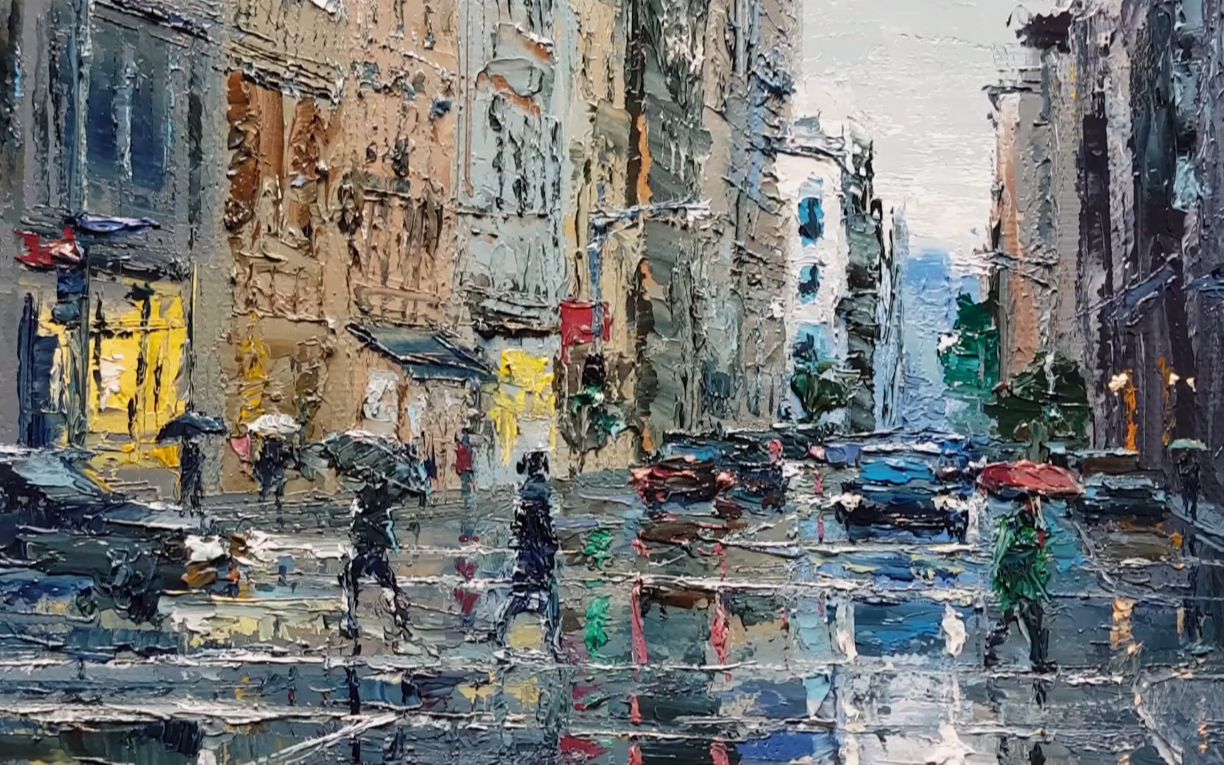 [图]【油画技法】油画刀绘画 印象派雨中城市Dusan