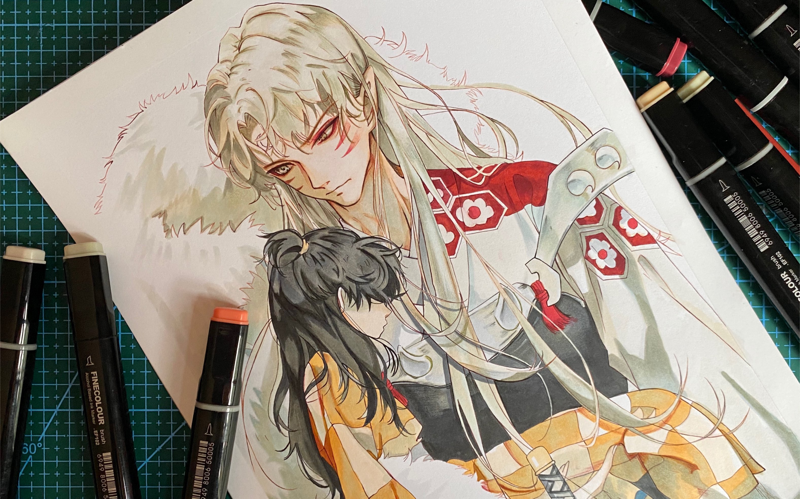 【马克笔手绘】临摹一幅杀生丸与玲,杀殿帅气依旧啊