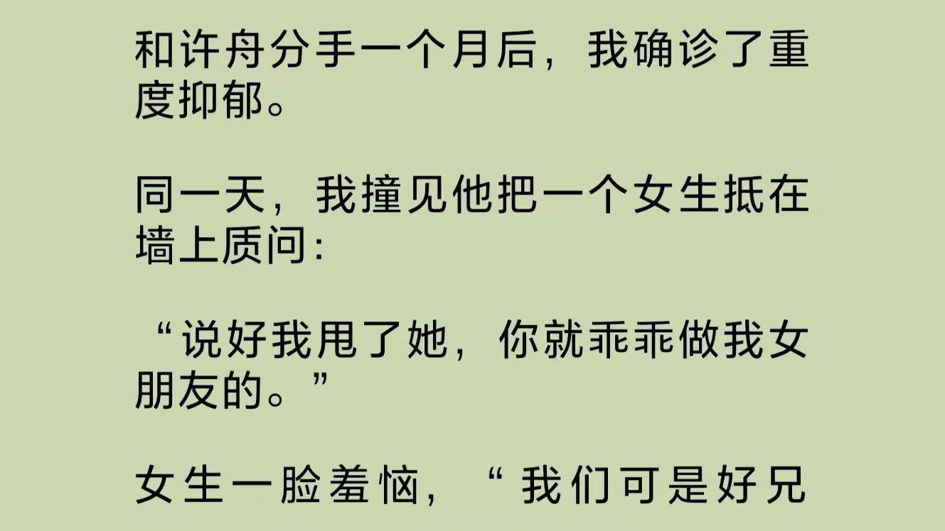 和许舟分手一个月后,我确诊了重度抑郁.同一天,我撞见他把一个女生抵在墙上质问:“说好我甩了她,你就乖乖做我女朋友的……”哔哩哔哩bilibili