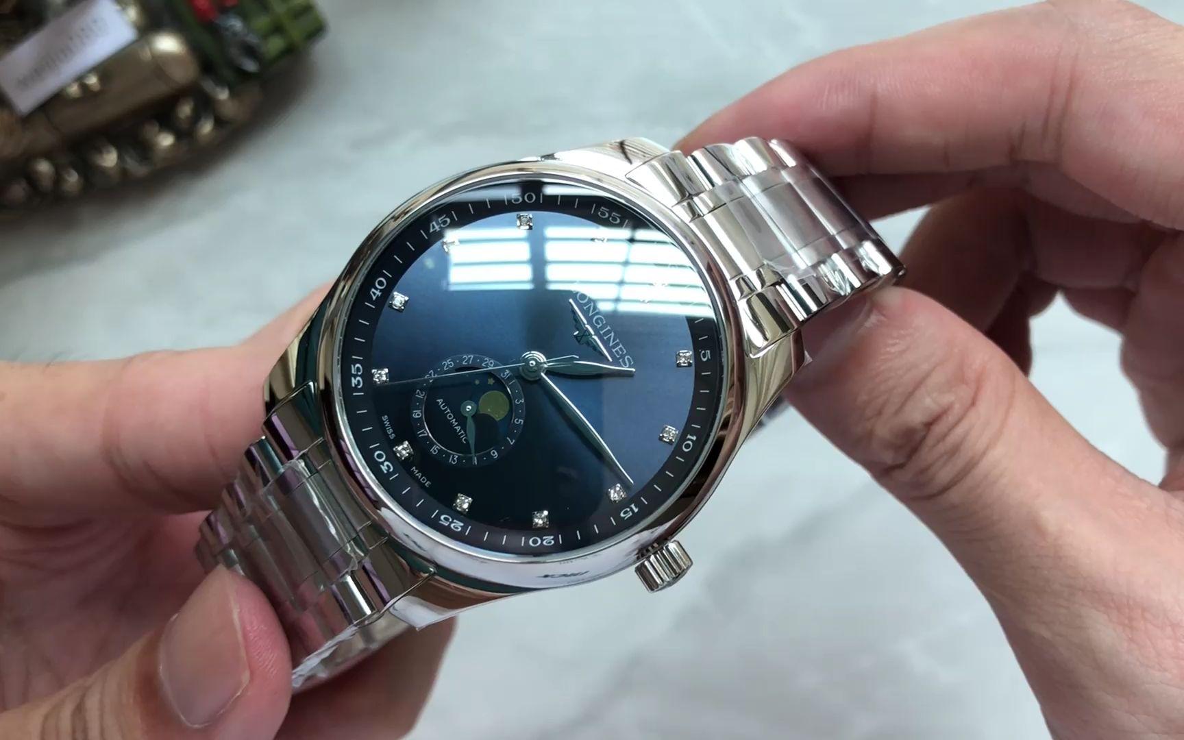 aps浪琴制表传统名匠蓝盘钻刻四针月相l2.909.4.97.