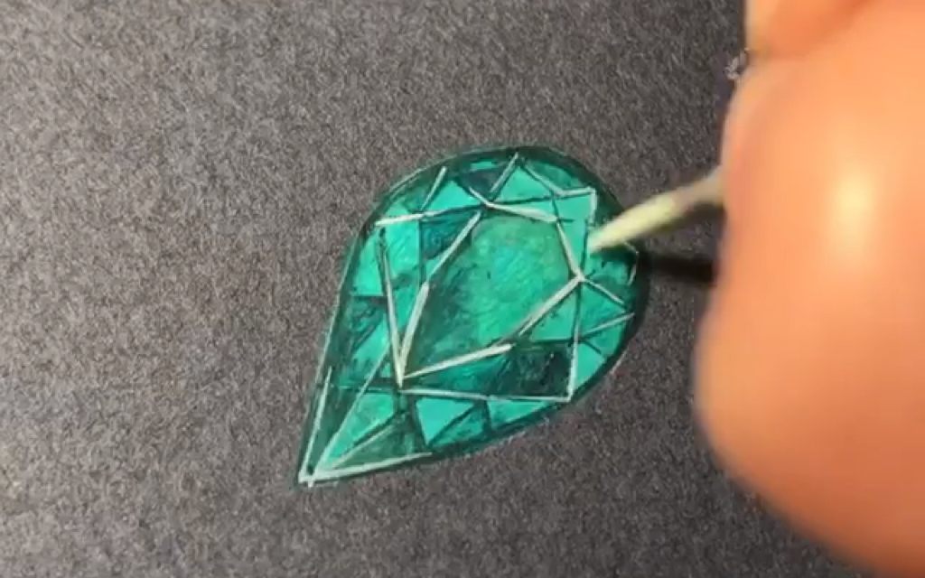 水滴形刻面祖母绿宝石手绘水彩上色描线