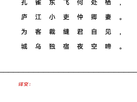 庐江主人妇 唐ⷦŽ白孔雀东飞何处栖,庐江小吏仲卿妻.为客裁缝君自见,城乌独宿夜空啼.哔哩哔哩bilibili