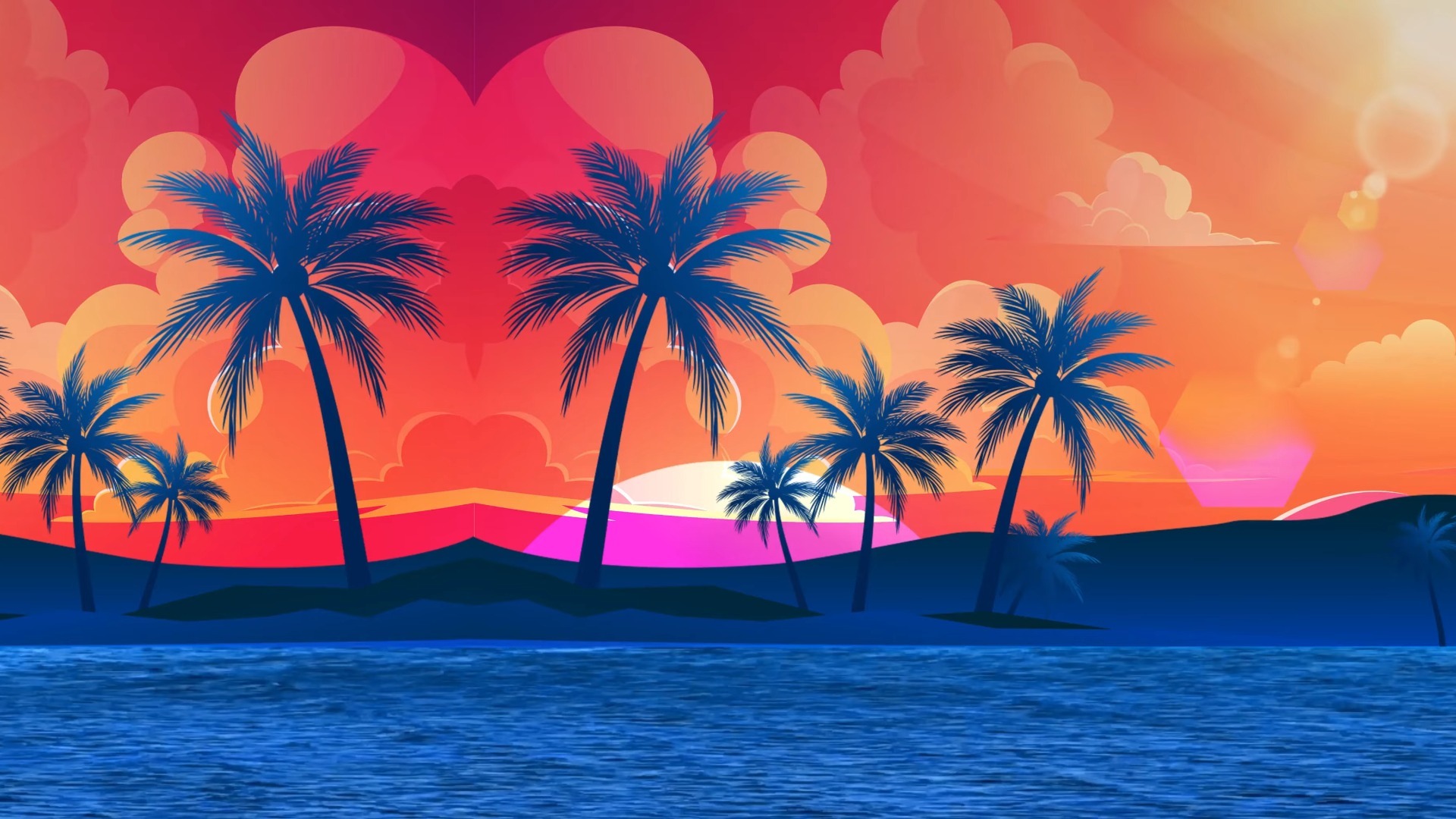 动态夕阳椰子树卡通背景素材