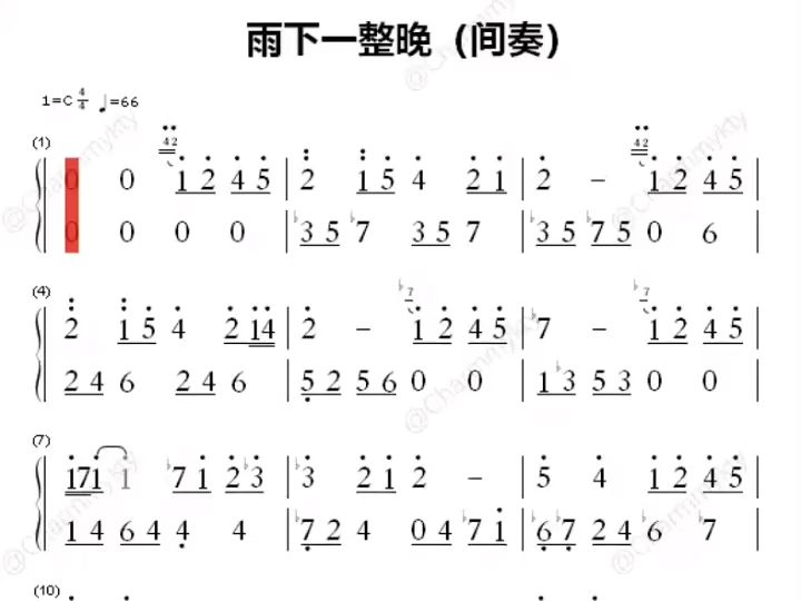 拇指琴谱 周杰伦【雨下一整晚】