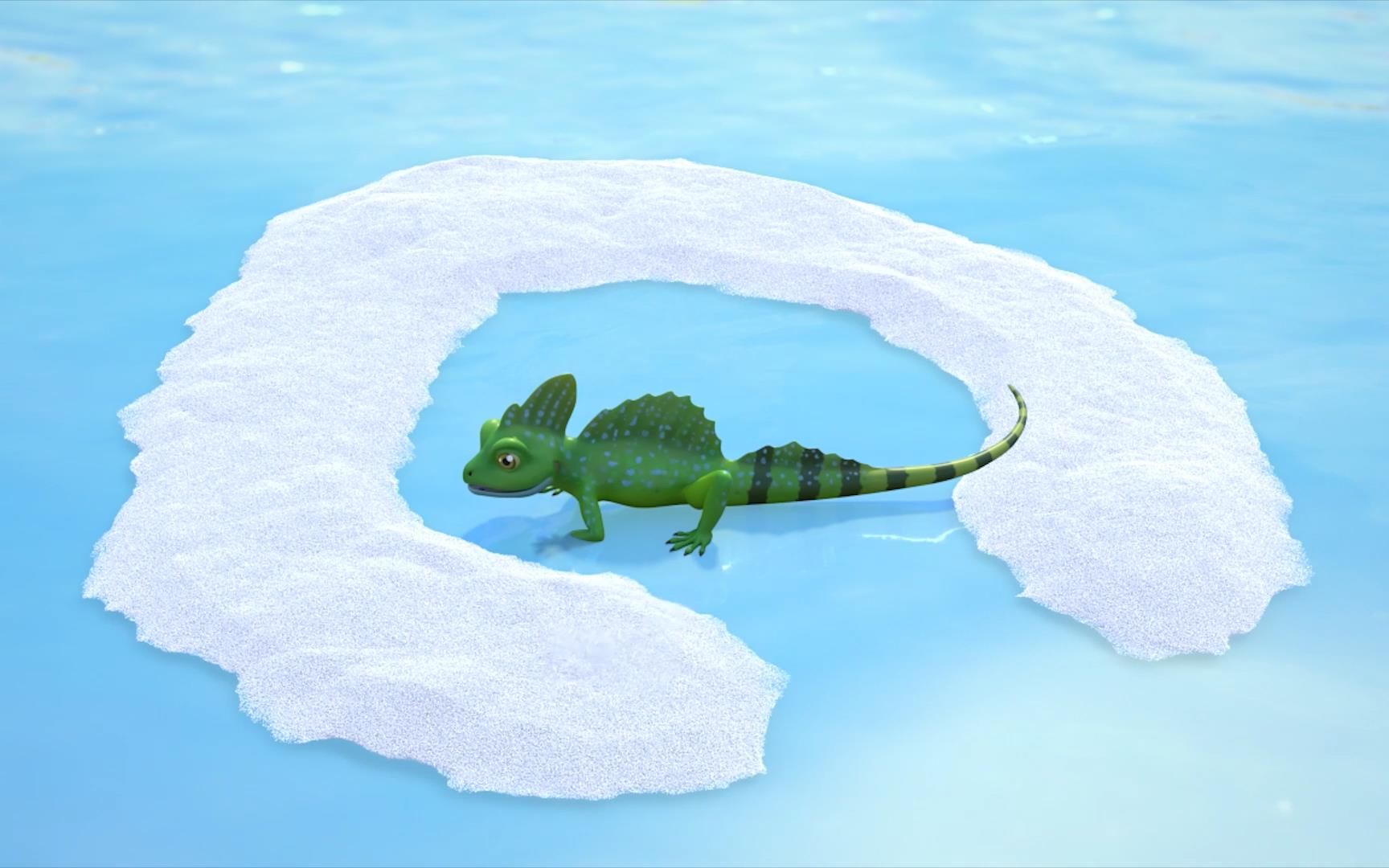 消防车在冰上喷盐把一只被冻住的蜥蜴围起来