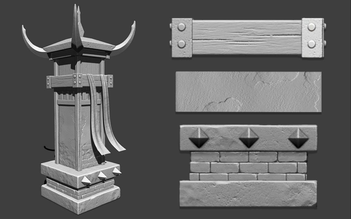 某游戏公司入职”古风场景“测试,zb木纹、石头纹理雕刻,石灰墙效果制作,基础展UV【3Dmax教程 zbrush新手教程】哔哩哔哩bilibili