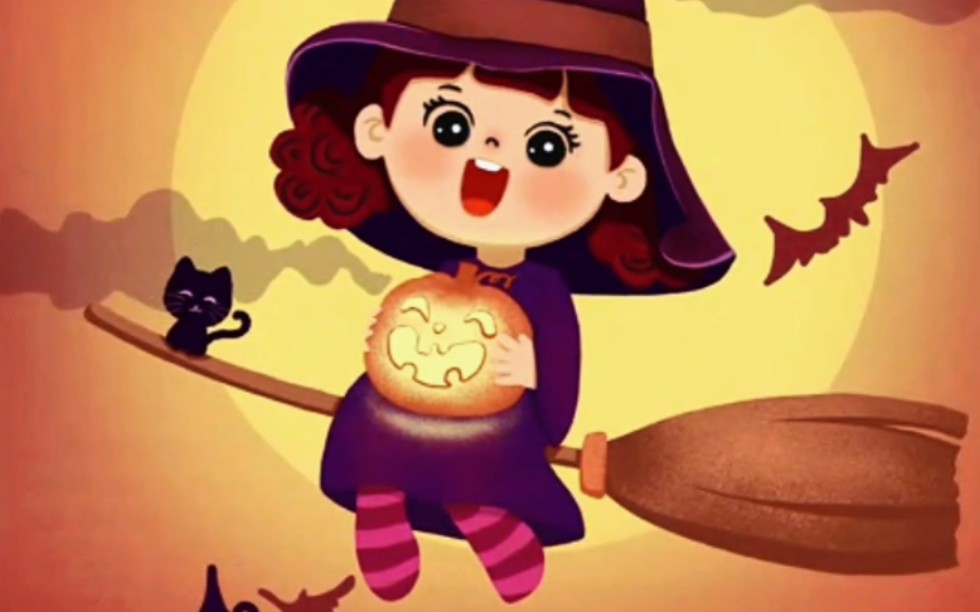 【插画】万圣节儿童南瓜扫帚小魔女