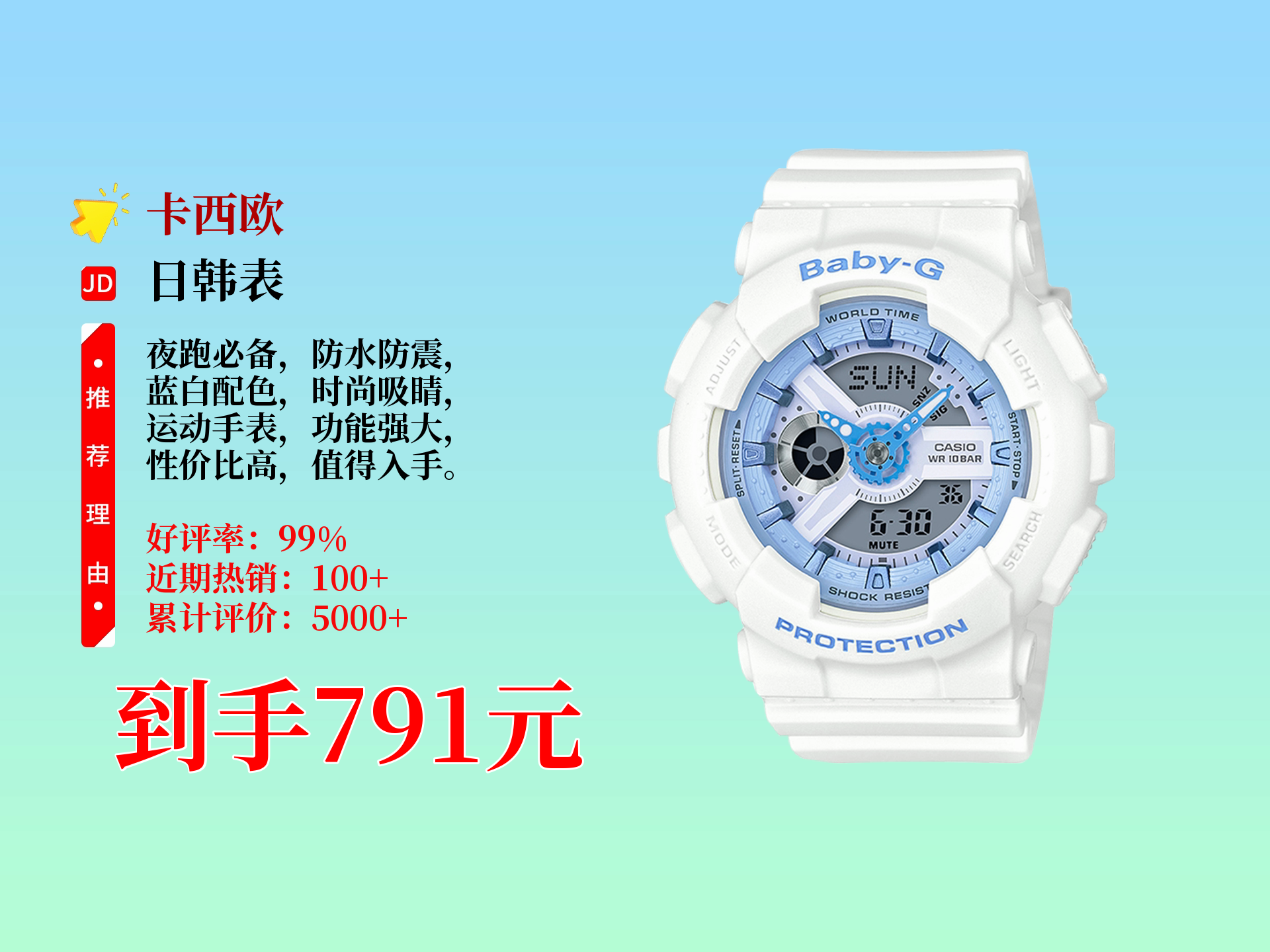 110xbe-7a,蓝白色海洋之心配色,潮流夜跑必备,防水防震