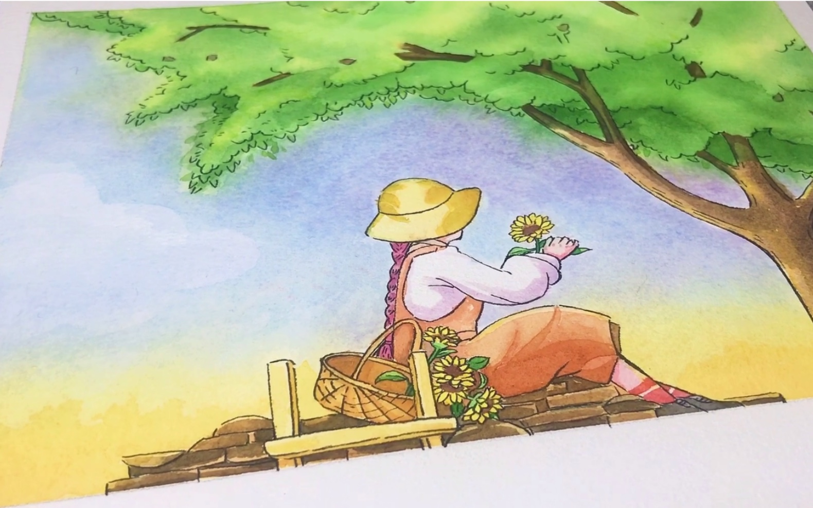 【水彩绘画】阳光下的向日葵女孩,能量满满