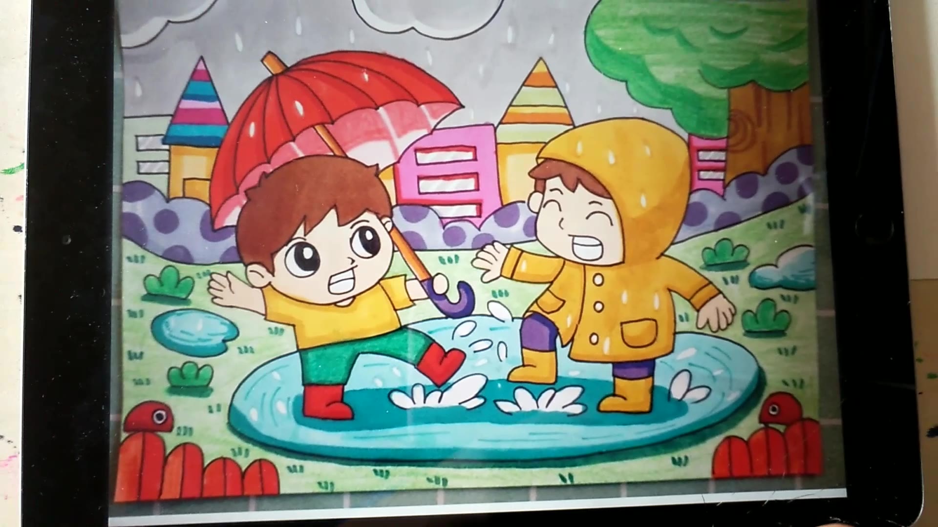 大雨倾盆儿童画图片