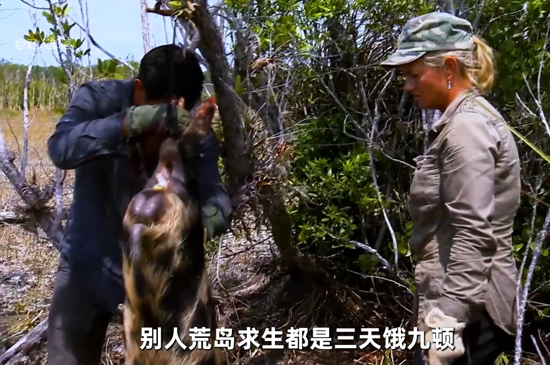 [图]求生夫妻档麦克夫妇挑战荒岛生存，抓到一头几十斤野猪，吃烤肉