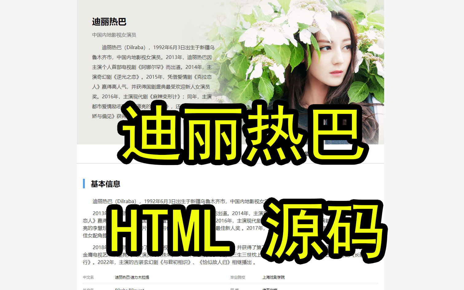迪丽热巴 人物介绍网页 网页设计与制作 静态网页开发制作 静态网页