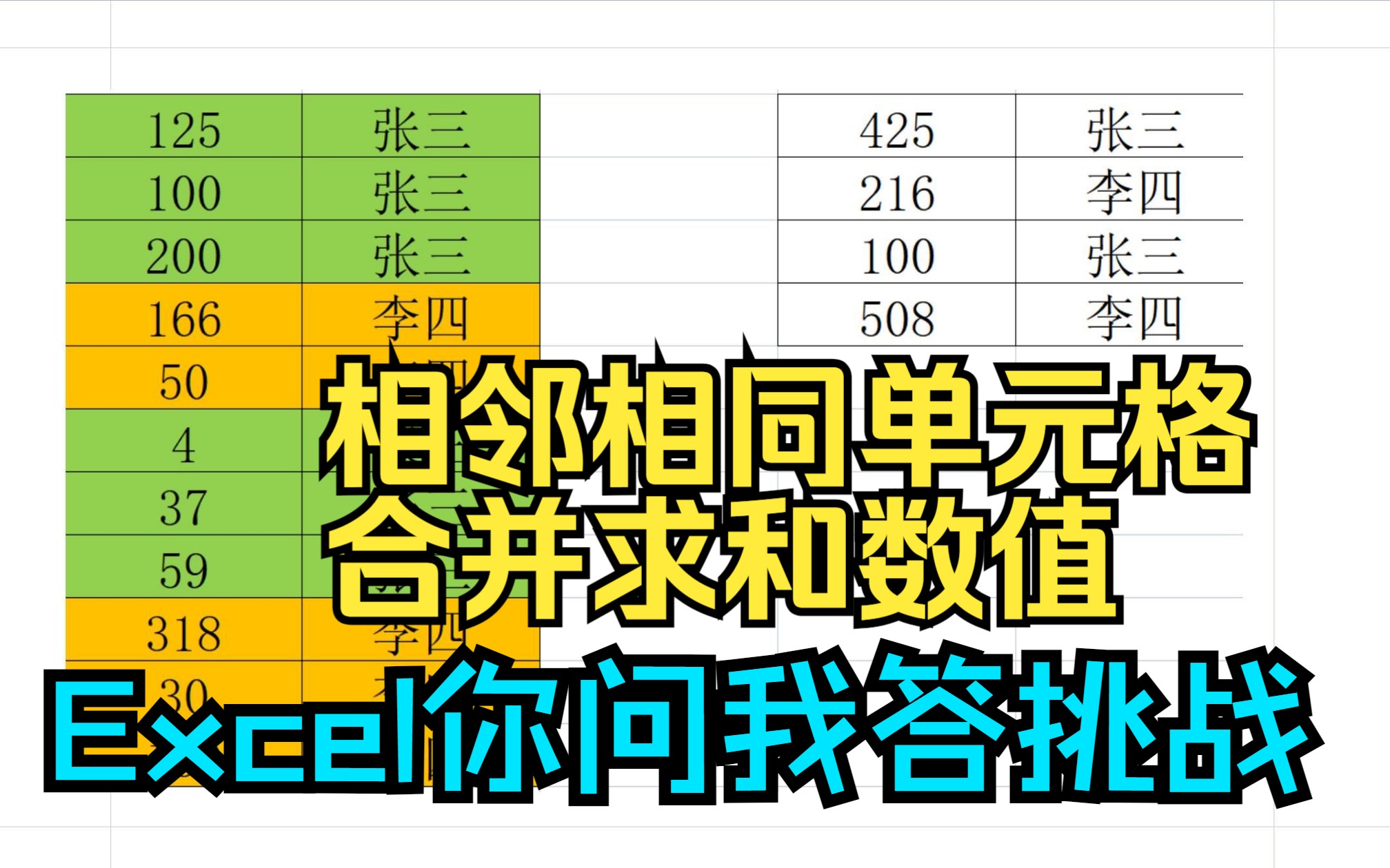 《Excel你问我答挑战》相邻的相同的单元格,合并数值求和,并删除多余行哔哩哔哩bilibili