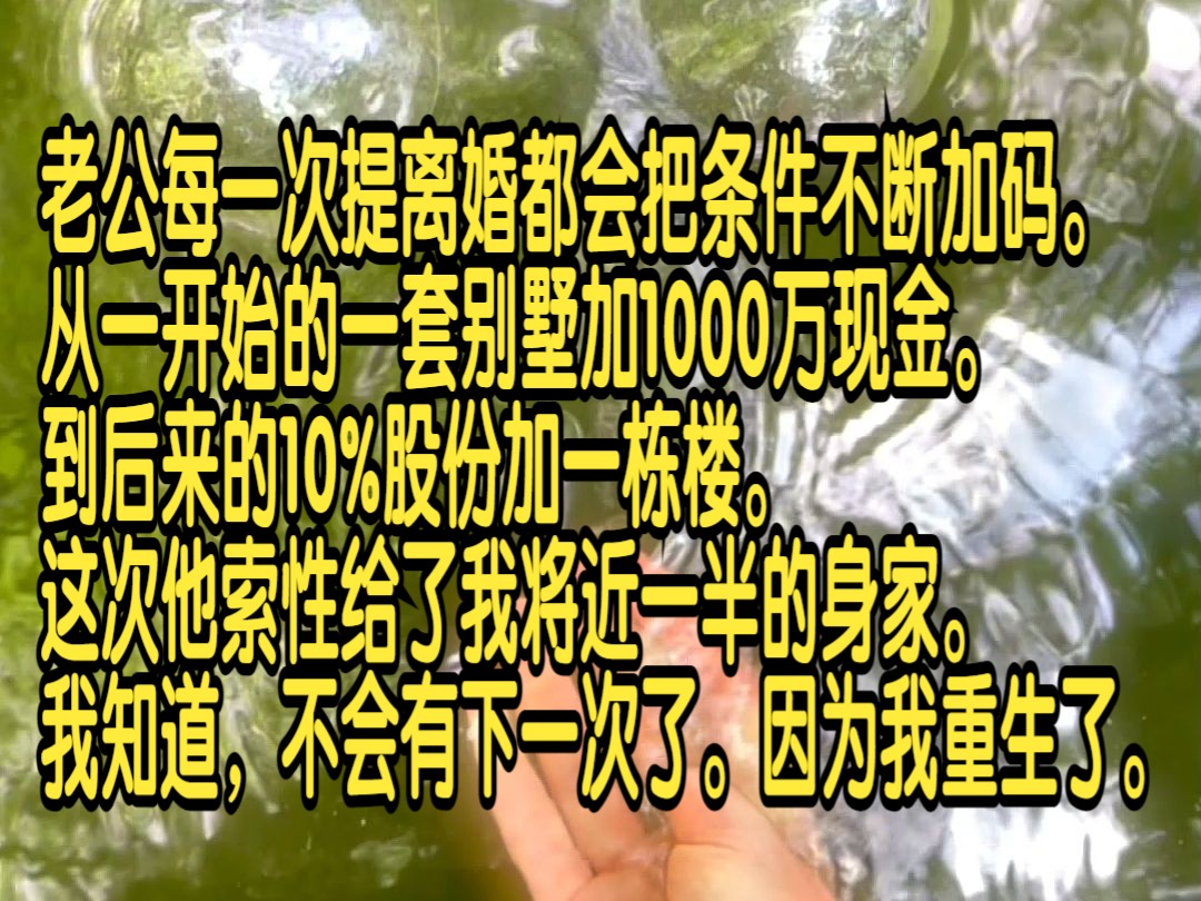 老公每一次提离婚都会把条件不断加码,从一开始的一套别墅加1000万现金,到后来的10%股份加一栋楼,这次他索性给了我将近一半的身家.我知道,不会...