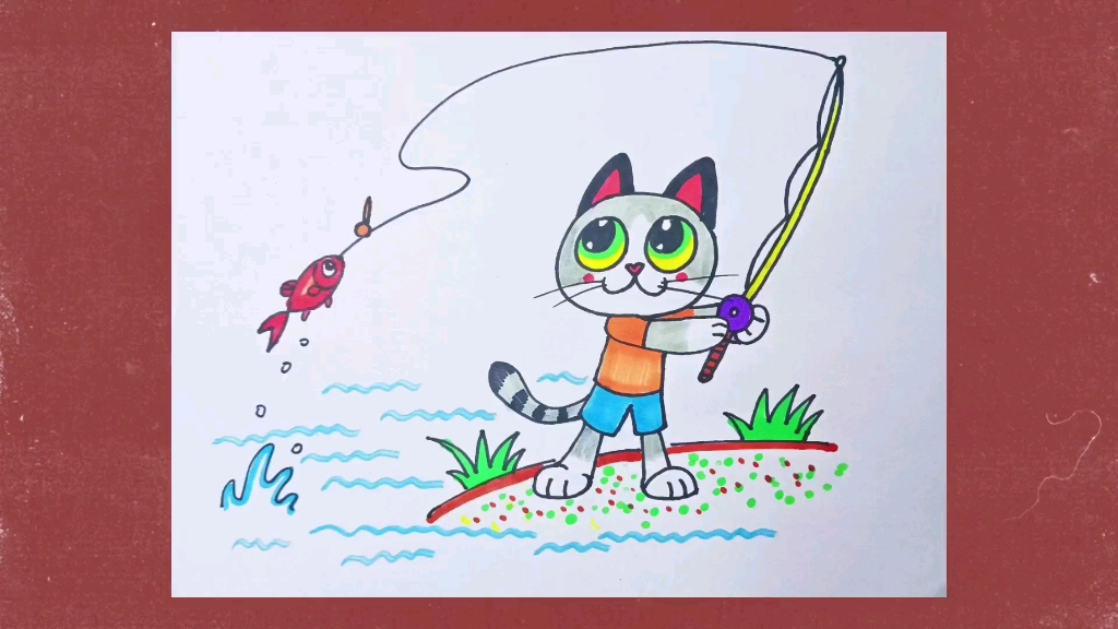 小猫钓鱼场景画图片