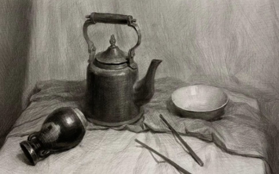 邹宏超素描静物课程_自然光水壶类完整画面塑造示范