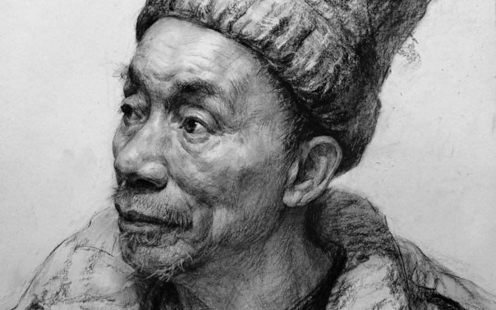 素描头像戴帽子的男老年