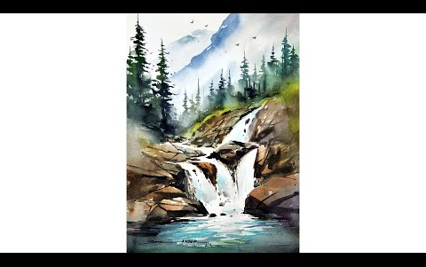 瀑布水彩风景画-- artist sikander chd_哔哩哔哩_bilibili