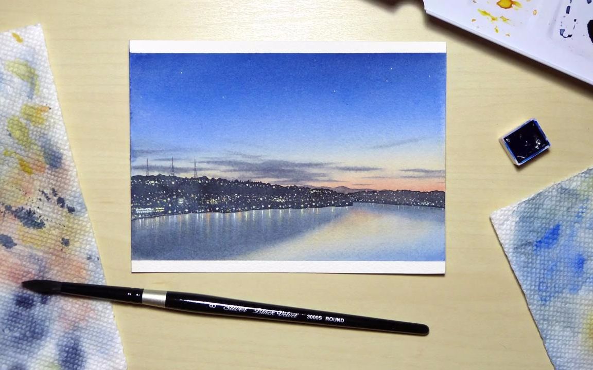 水彩城市日落水彩画过程